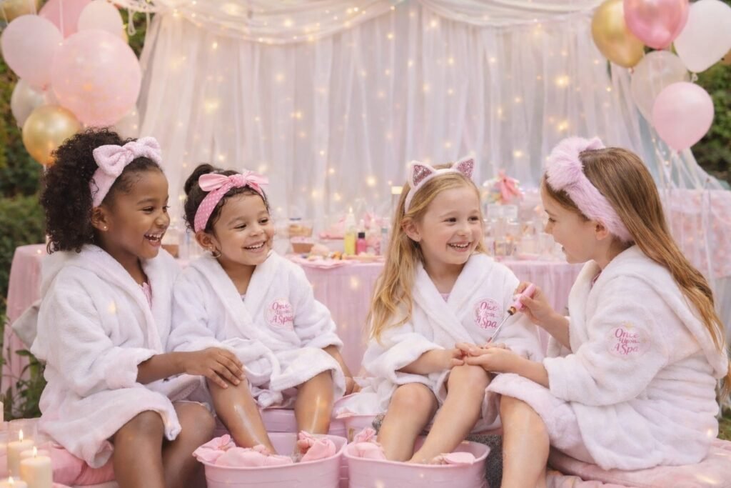 girls-smiling-at-a-pamper-party-feet-in-pamper-bowl-painting-nailsJPG spa party for kids with children smiling having fun painting nails