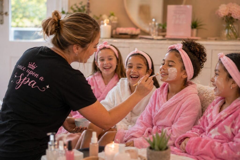 Kids Pamper Parties in London having fun, smiling receiving facial  