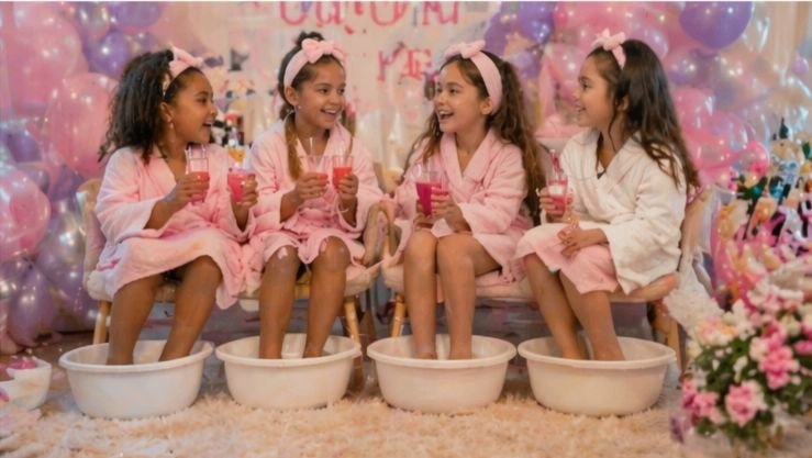 kids pamper parties In London, pink robes, feet in spa bowl holding champaign glass