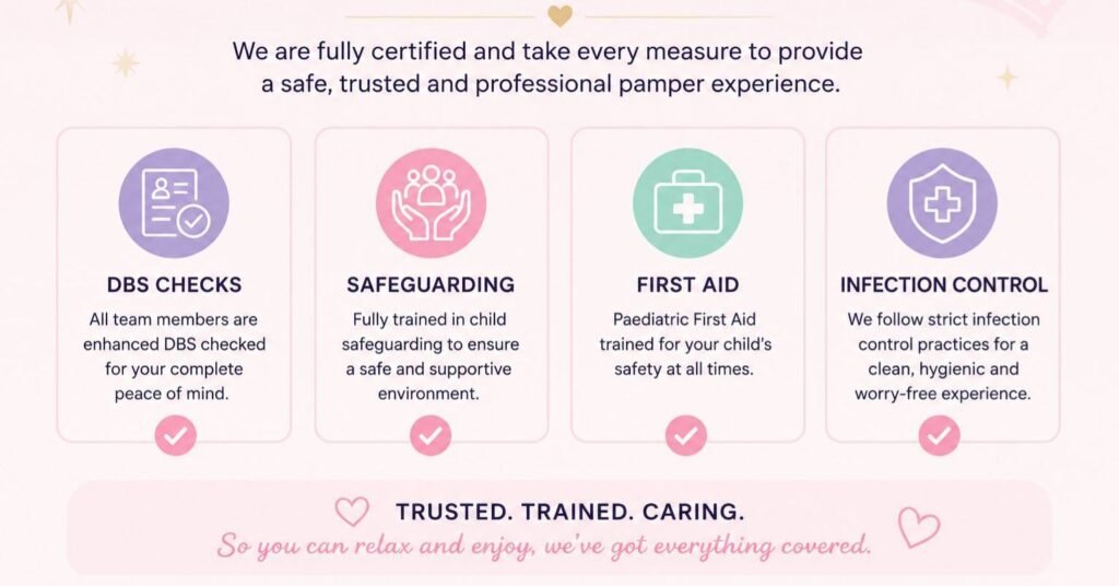 children's pamper party in London certificate, DBS, Safeguarding, First Aid, Infection control