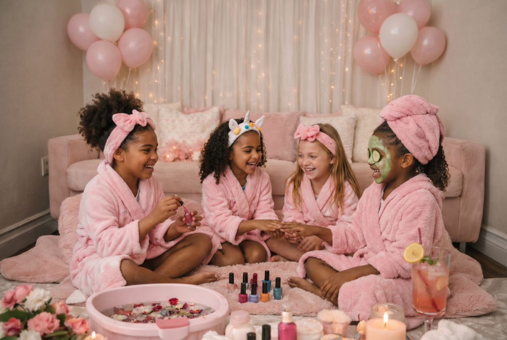 children pamper party in London, laughing, relaxing, enjoying nail painting